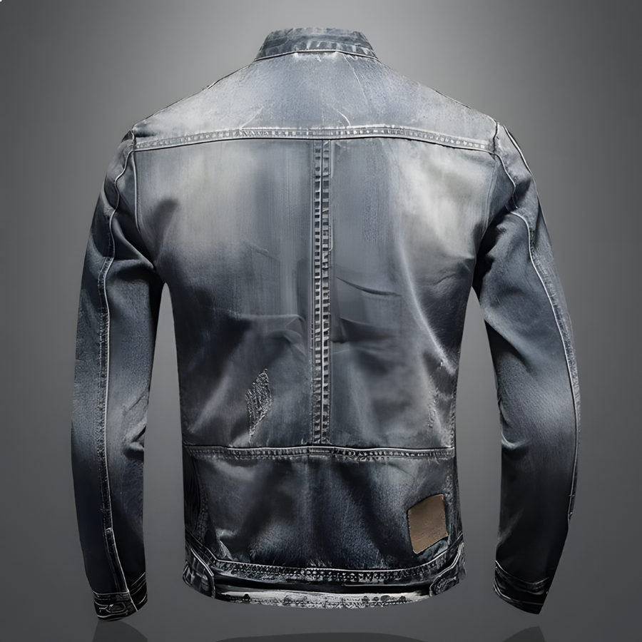 Men's Faded Zip-Up Denim Jacket with Moto-Style Stitch Details