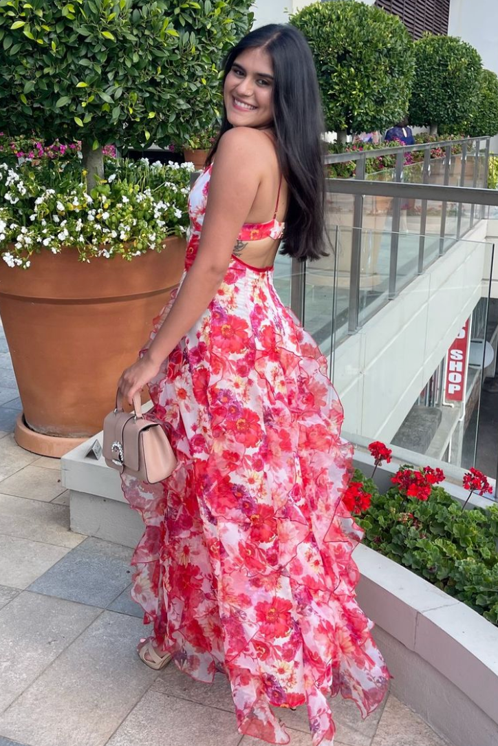 Women's Floral Maxi Dress with Ruffles and Open Back Design