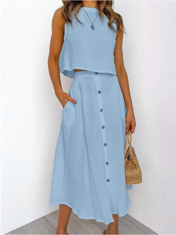 Women’s Two-Piece Button Skirt Set with Sleeveless Top and Pockets