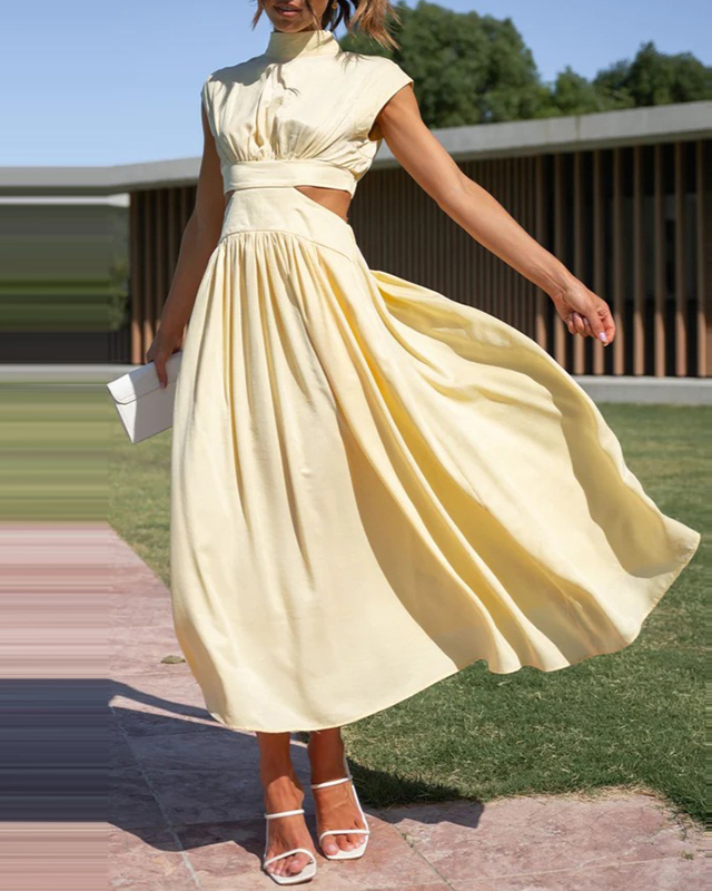 Women's Sleeveless Pleated Midi Dress with Stand Collar