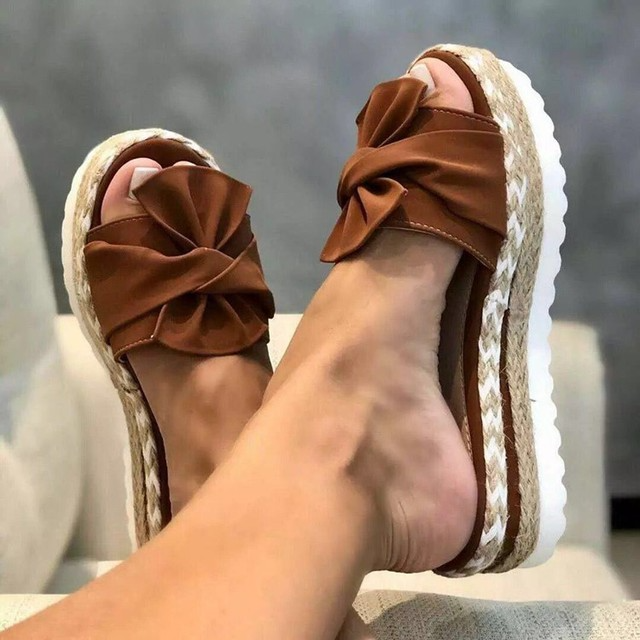 Women's Woven Wedge Slide Sandals with Peep Toe and Bow Accent