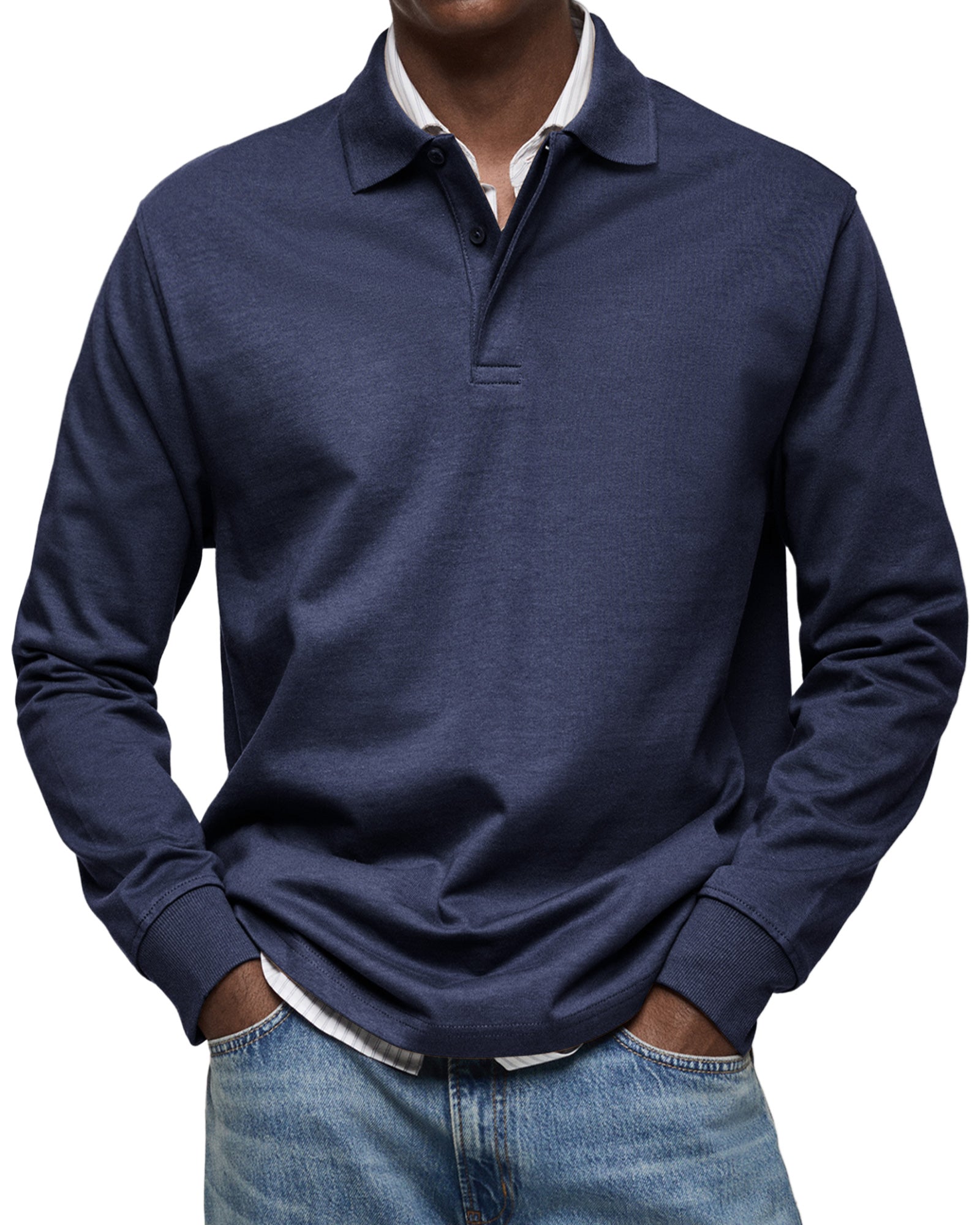 Men's Long Sleeve Polo Shirt with Button Collar and Cuffed Hem