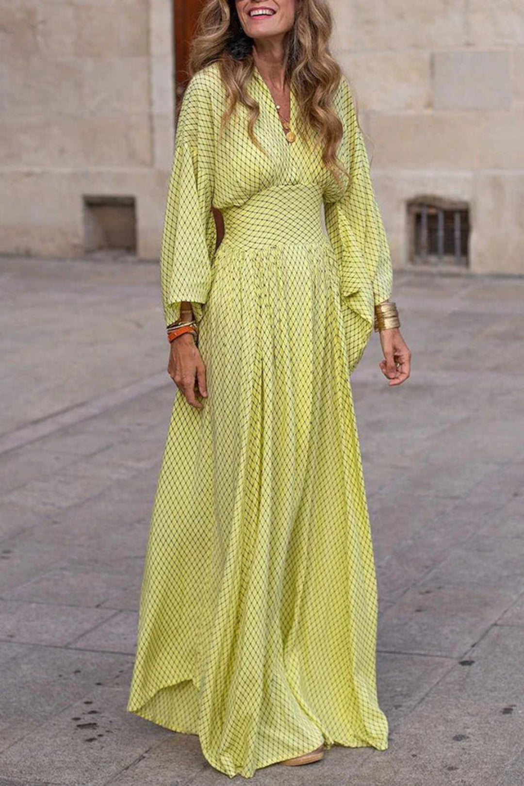 Women's Geometric Print Maxi Dress with Long Sleeves and V-Neck