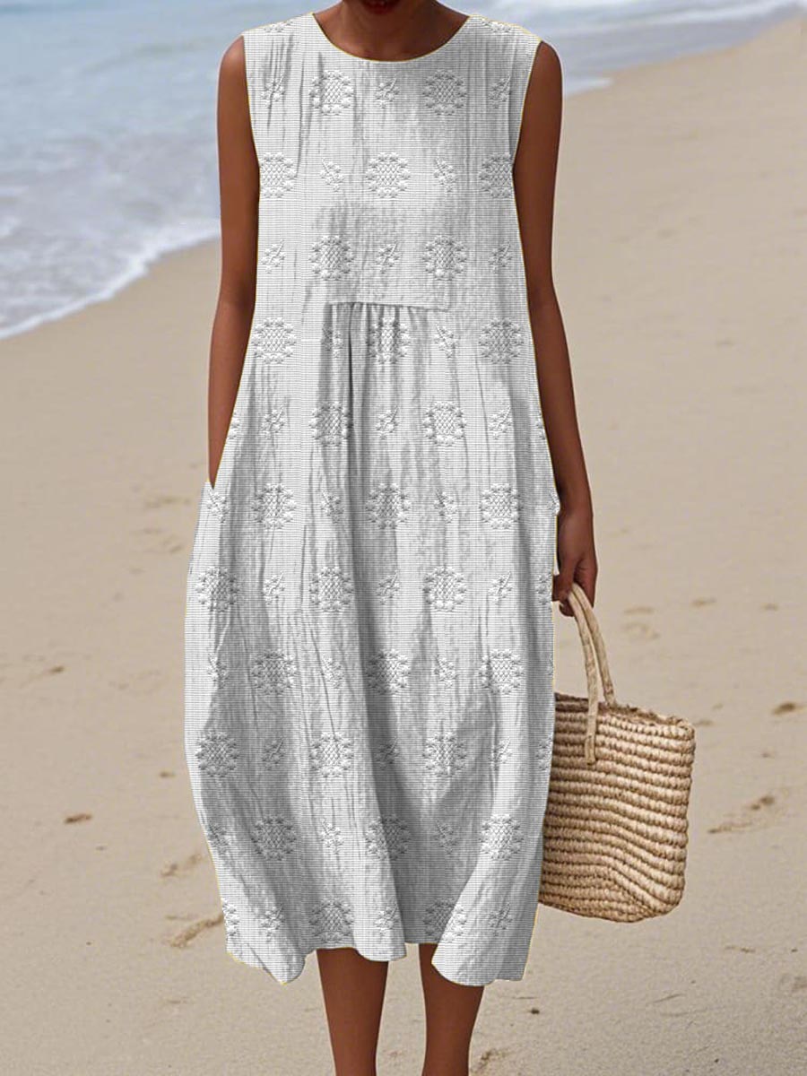 Women's Sleeveless Embroidered Midi Dress with Relaxed Fit