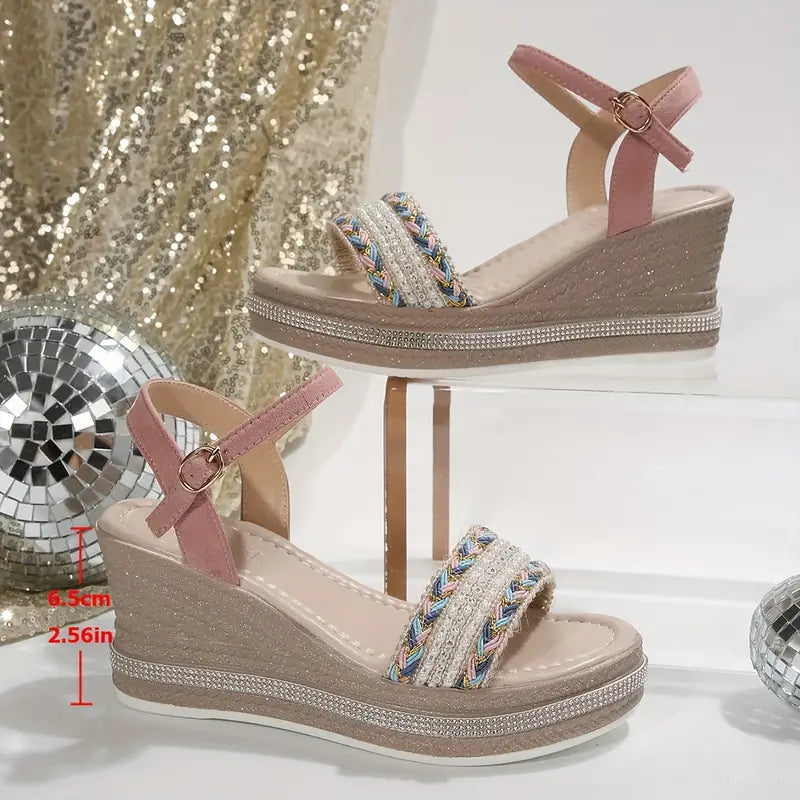 Women's Wedge Sandals with Braided Strap and Ankle Buckle