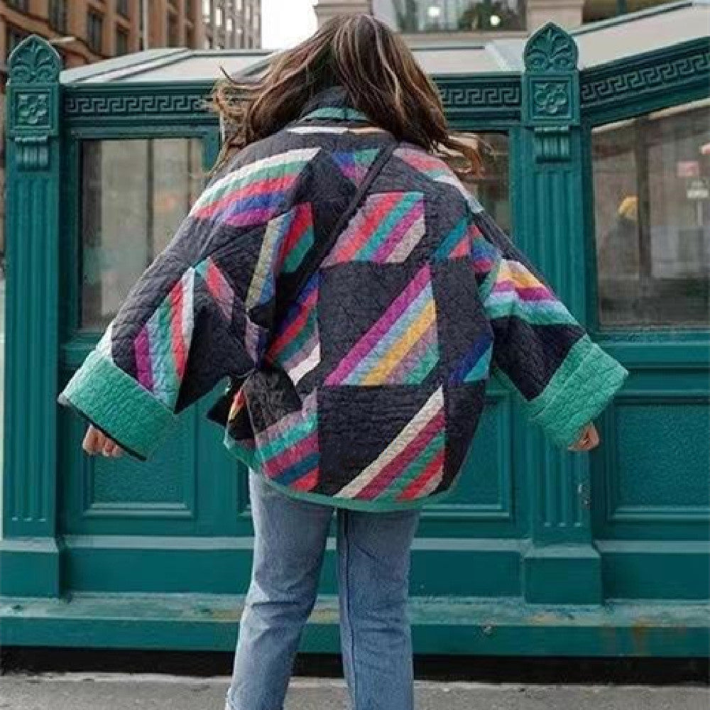 Women's Retro Open Front Quilted Jacket with Color Block Pattern