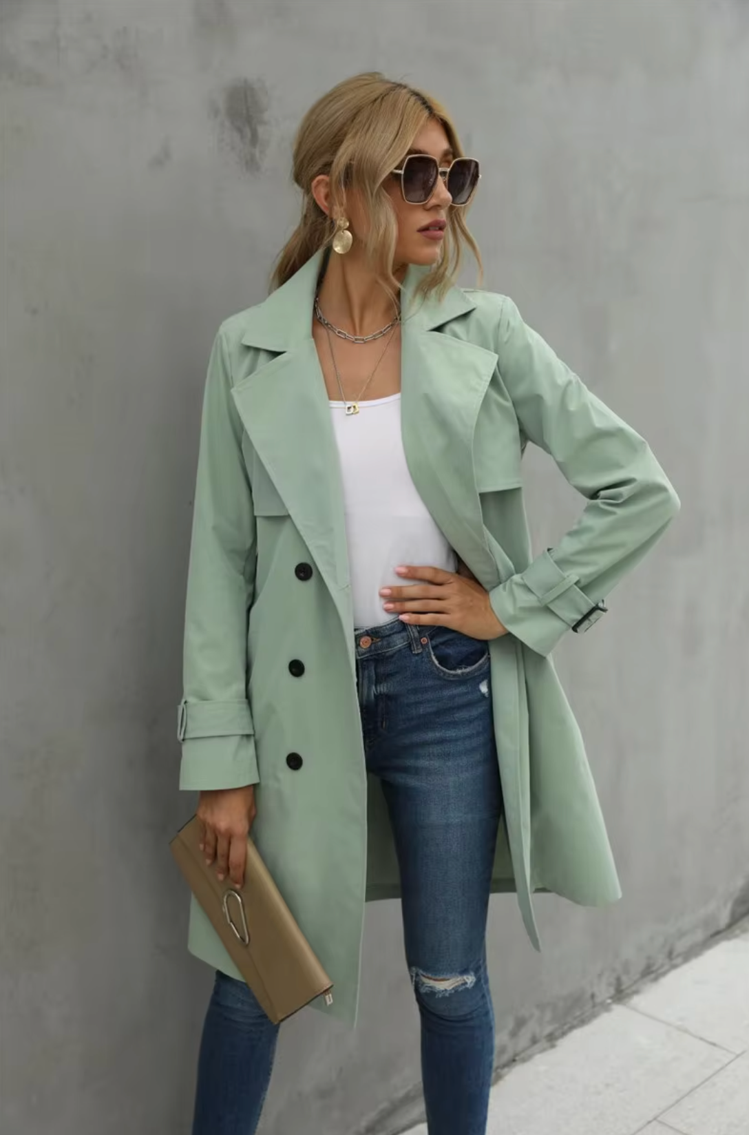 Women's Classic Trench Coat with Double Breasted Button Front