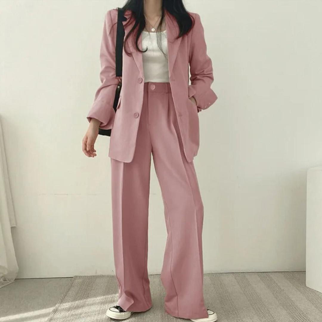 Women's 2-Piece Suit Set with Blazer and High-Waisted Trousers