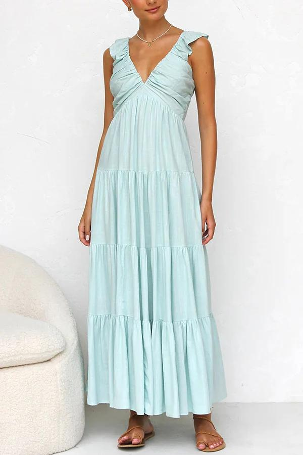 Women's Ruffle Sleeve V-Neck Tiered Maxi Dress
