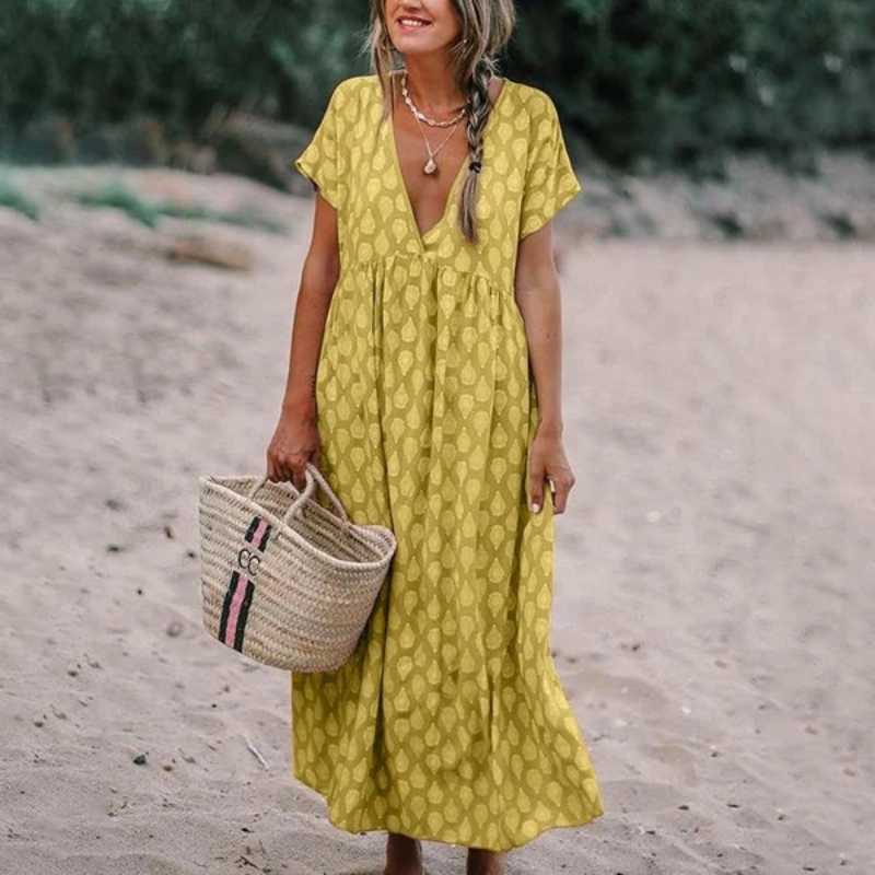 Women's Printed Maxi Dress with V-Neck and Relaxed Short Sleeves