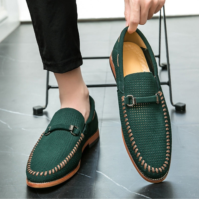 Men's Loafers with Pin Buckle Accent and Perforated Detailing