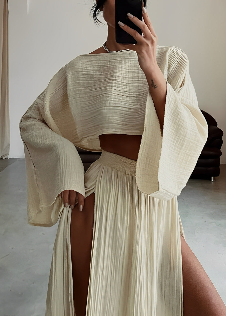 Women's Two-Piece Maxi Skirt Set with Slit and Flowy Crop Top