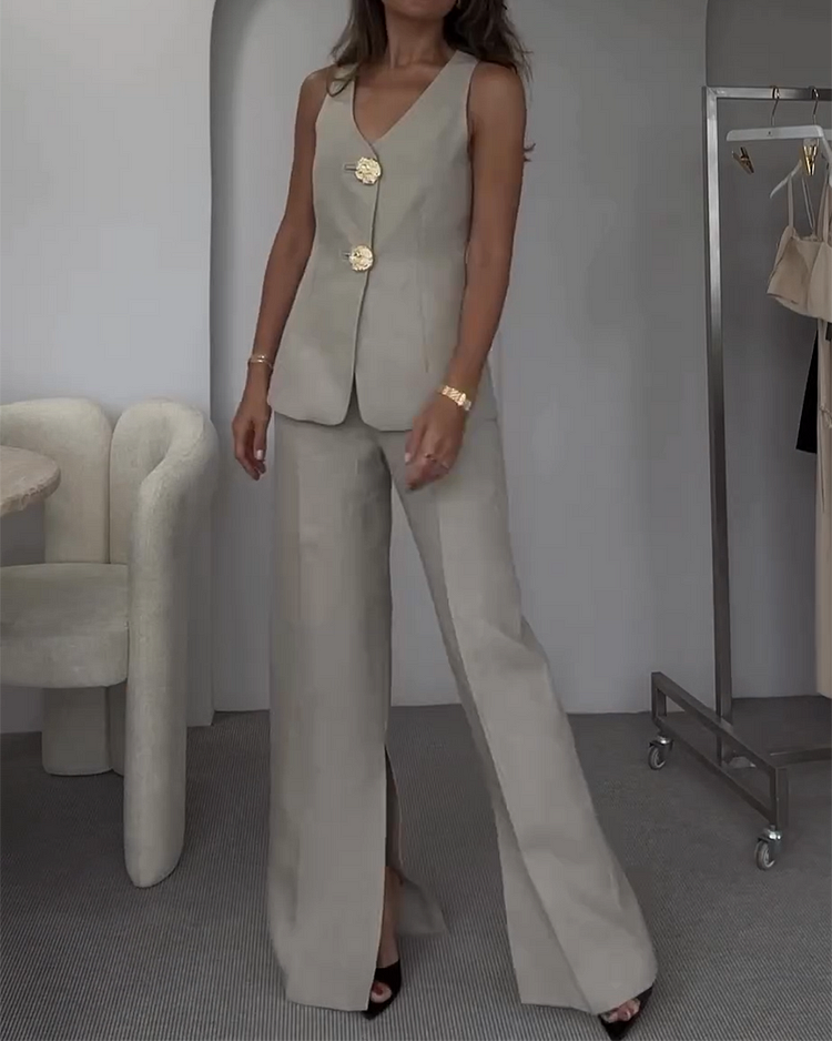 Women’s Two-Piece Suit Set with Sleeveless Blazer and Wide-Leg Pants