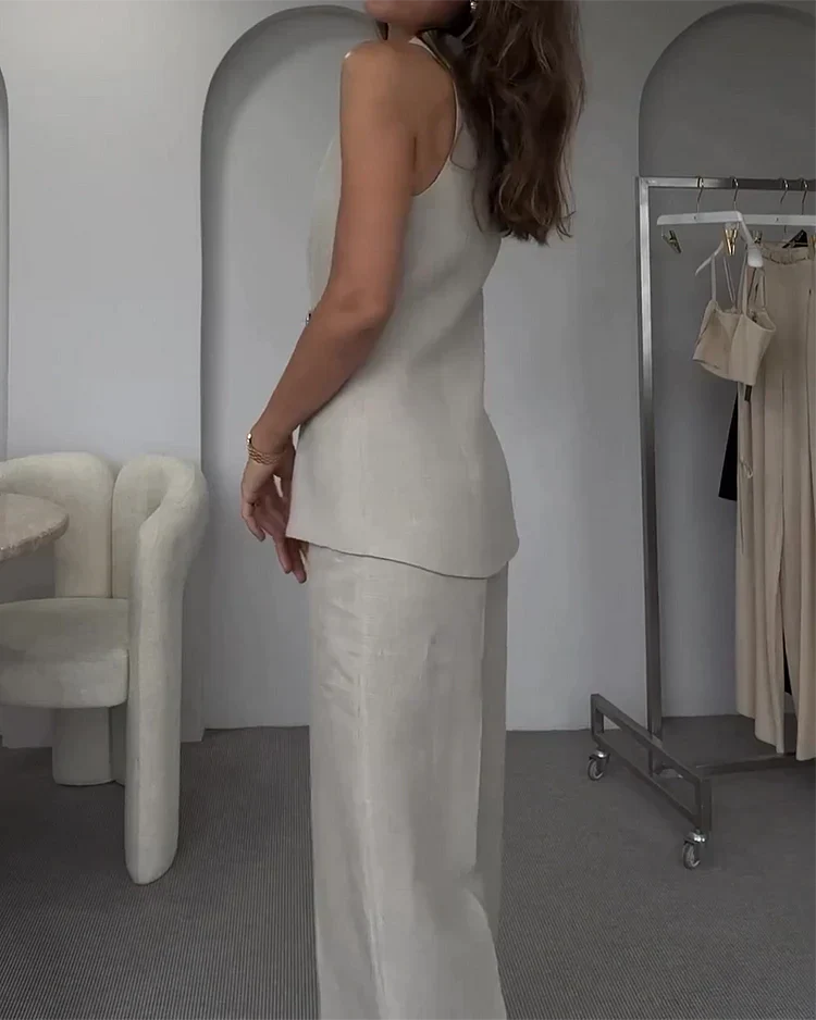Women’s Two-Piece Suit Set with Sleeveless Blazer and Wide-Leg Pants