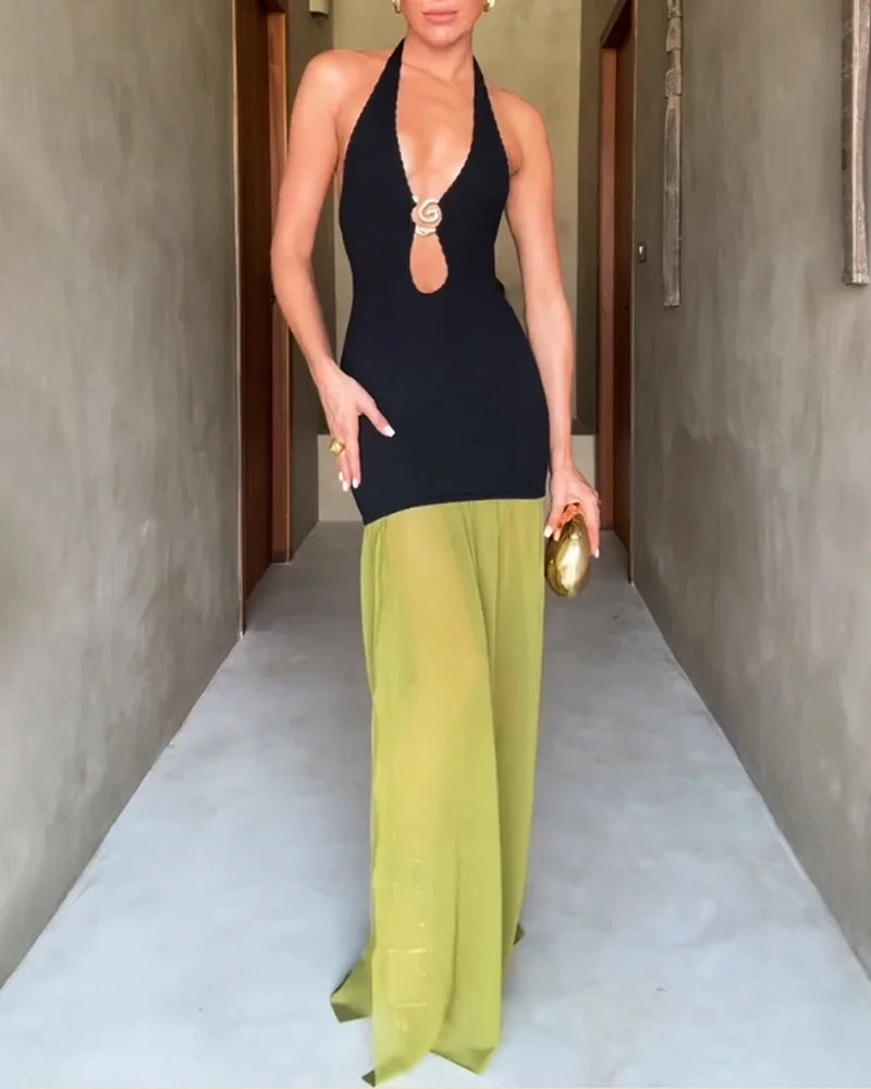 Women's Halter Neck Maxi Dress with Sheer Contrast Skirt Panel