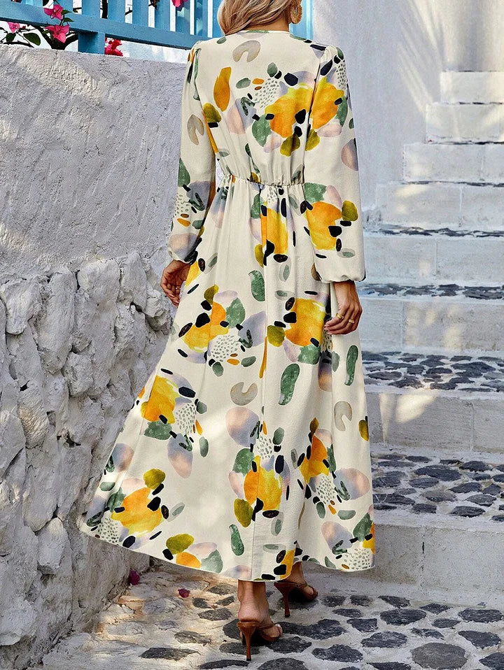 Women's Long Sleeve V-Neck Maxi Dress with Cinched Waist and Print
