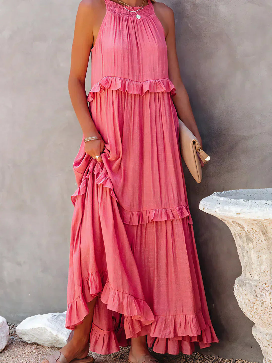 Women's Halterneck Maxi Dress with Ruffle Layers and Side Pockets