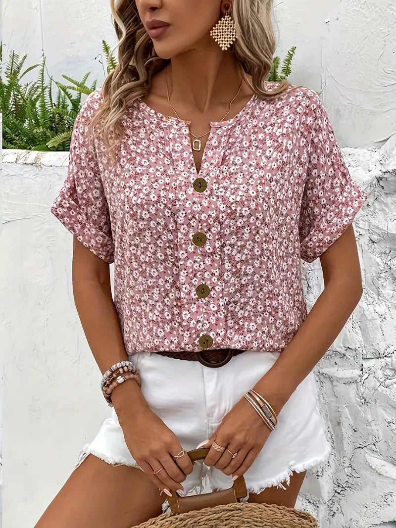 Women's Floral Short-Sleeve Button Top with Loose Casual Fit