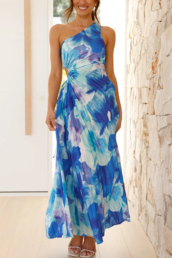 Women's One-Shoulder Pleated Maxi Dress with Floral Print Design