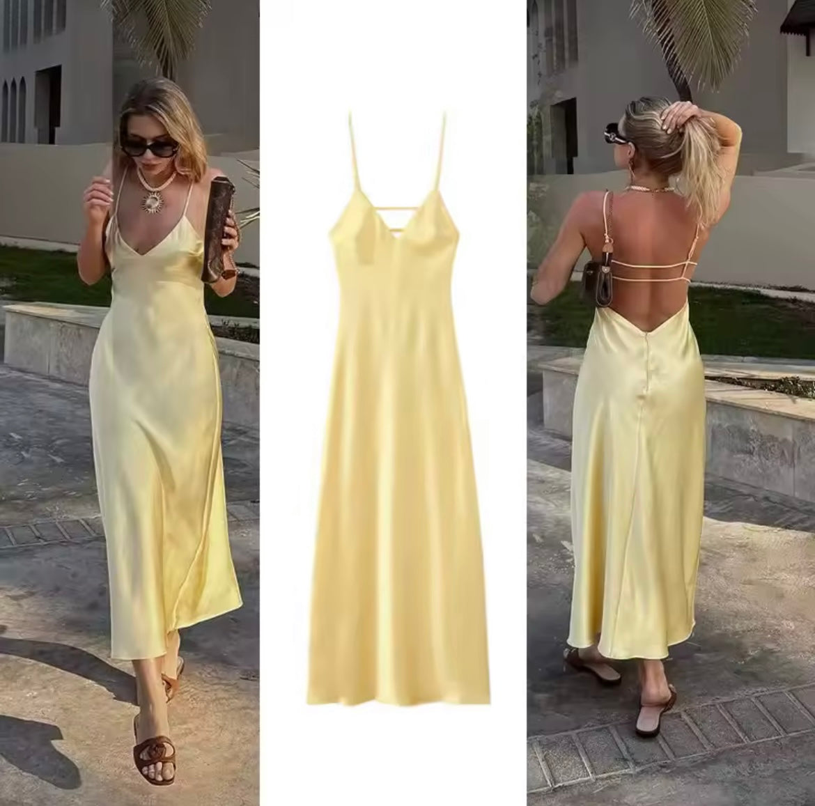 Women's Maxi Dress with Spaghetti Straps and V-Neck Silhouette