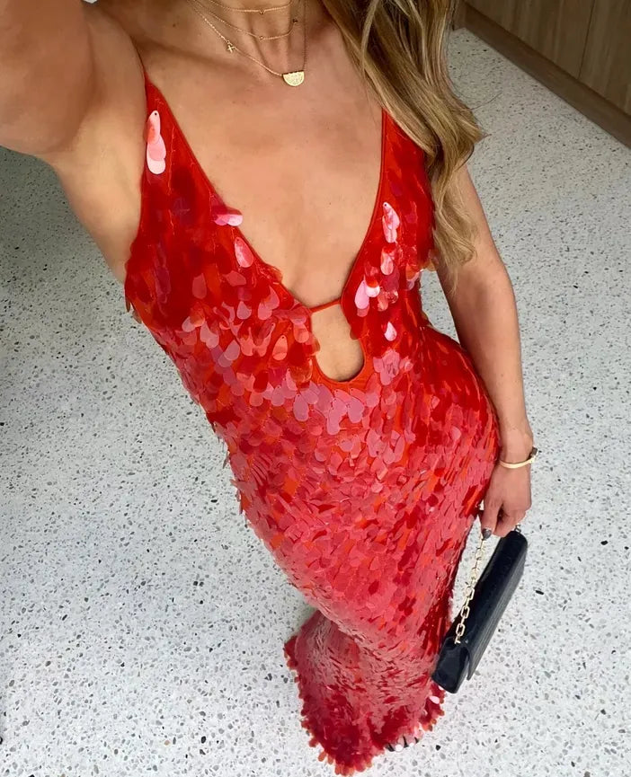 Women's Sequin Maxi Dress with Deep V-Neck and Slim Fit Cut