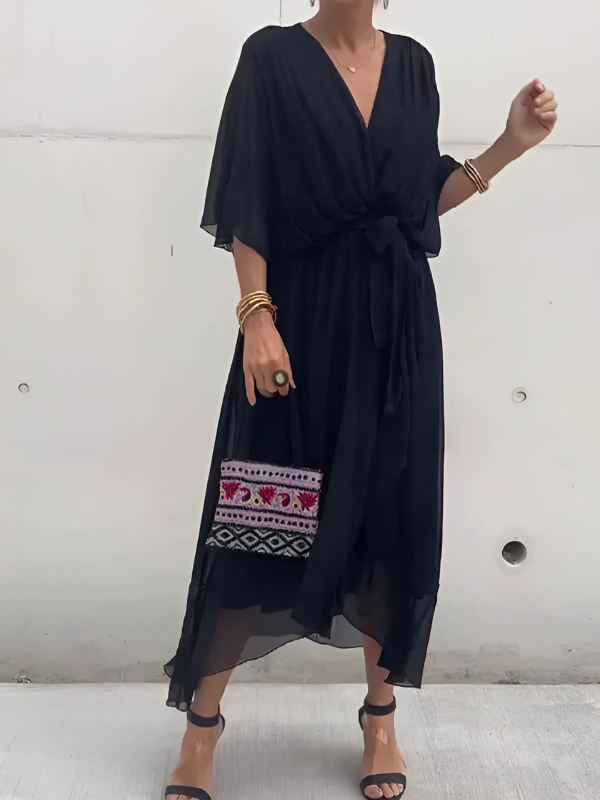 Lightweight Midi Dress with V Neck and Draped Sleeves for Women