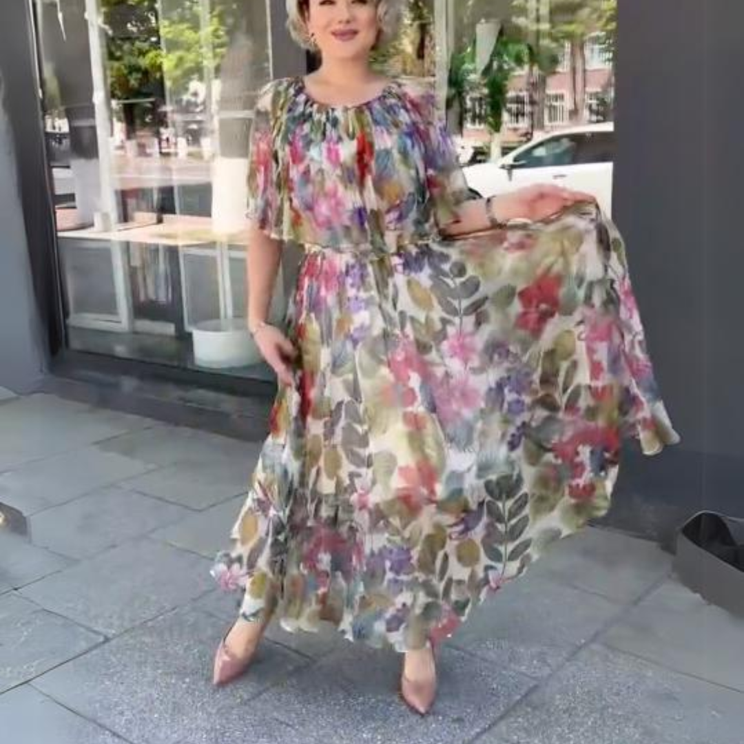 Women's Floral Maxi Dress with Gathered Neckline