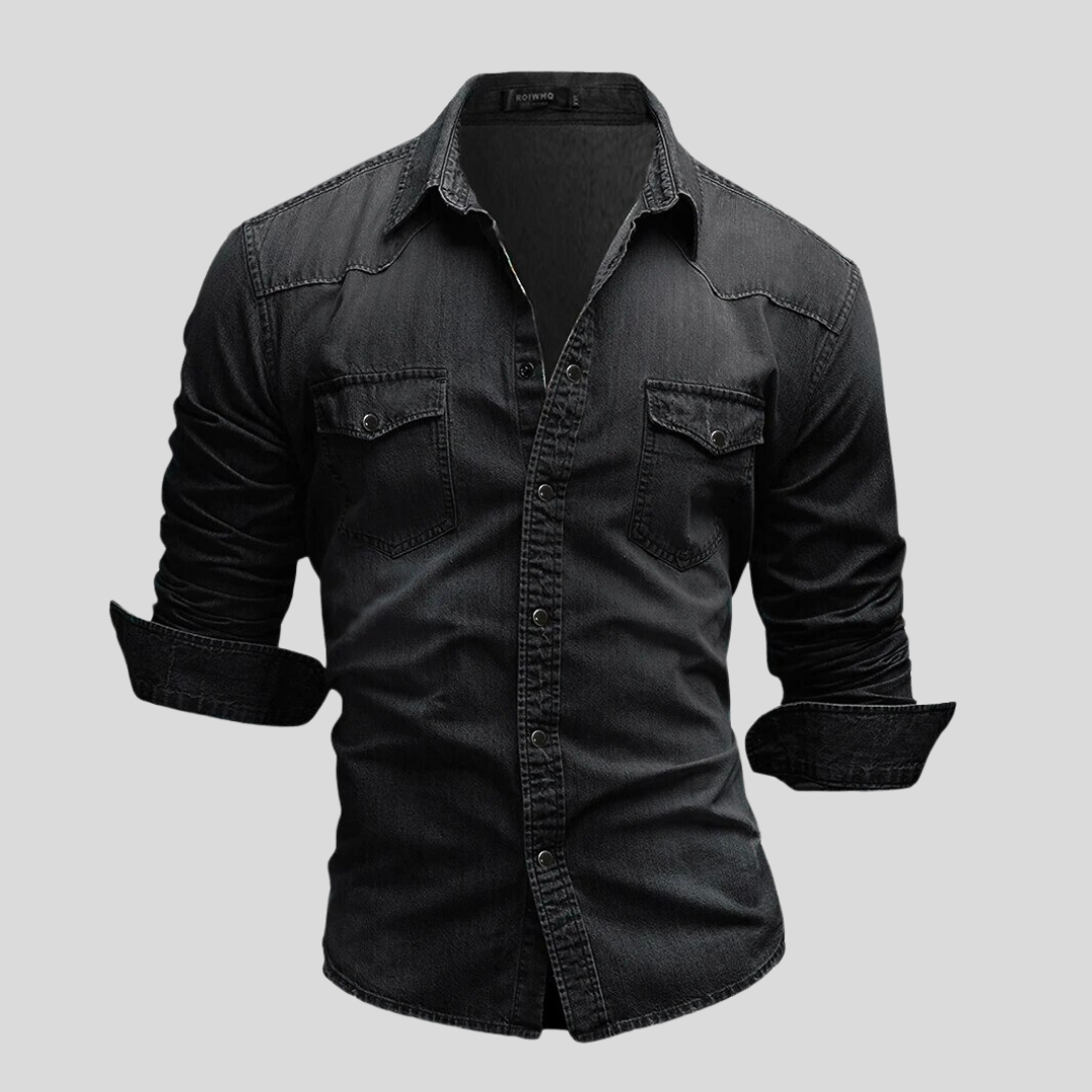 Men's Long-Sleeve Button-Up Shirt with Front Pockets and Rolled Cuffs