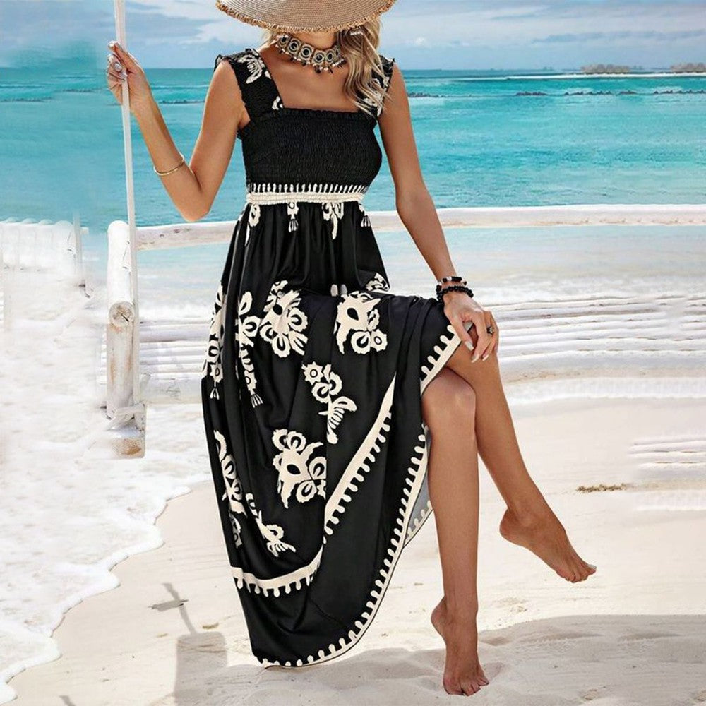Women's Floral Summer Dress with Smocked Top and Sleeveless Design