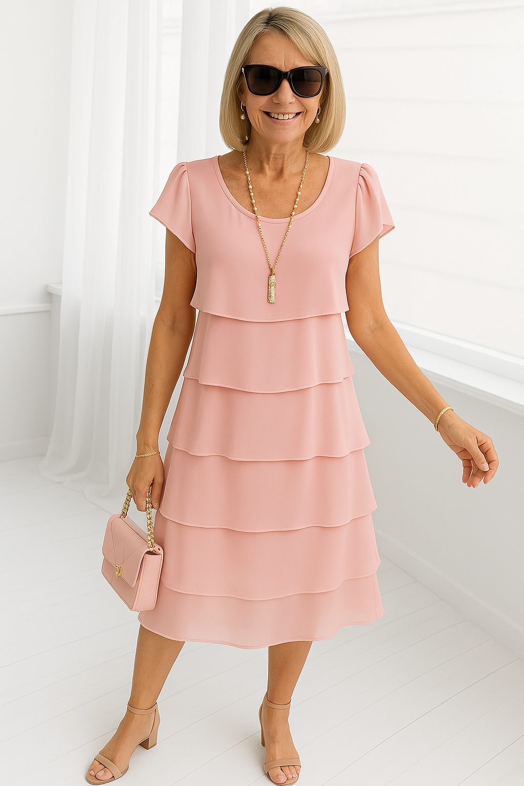 Tiered Knee Length Cocktail Dress with Flutter Sleeves for Women