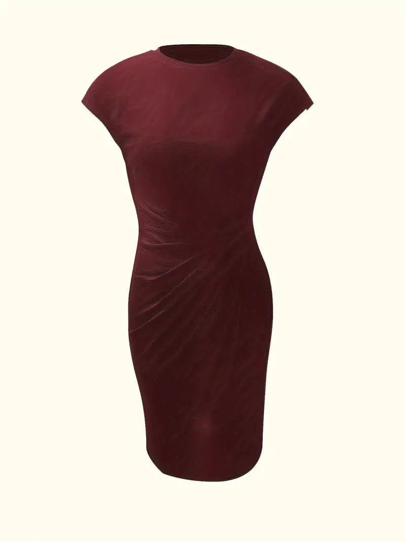 Women's Knee-Length Sheath Dress with Ruched Waist and Cap Sleeves