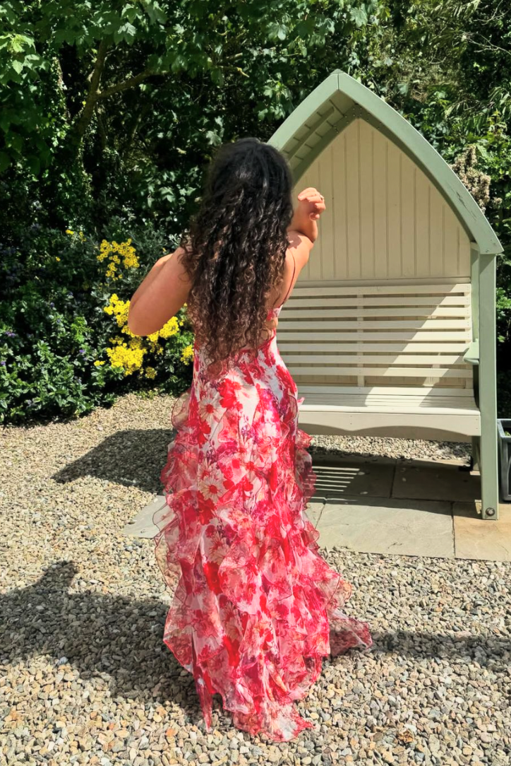 Women's Floral Maxi Dress with Ruffles and Open Back Design
