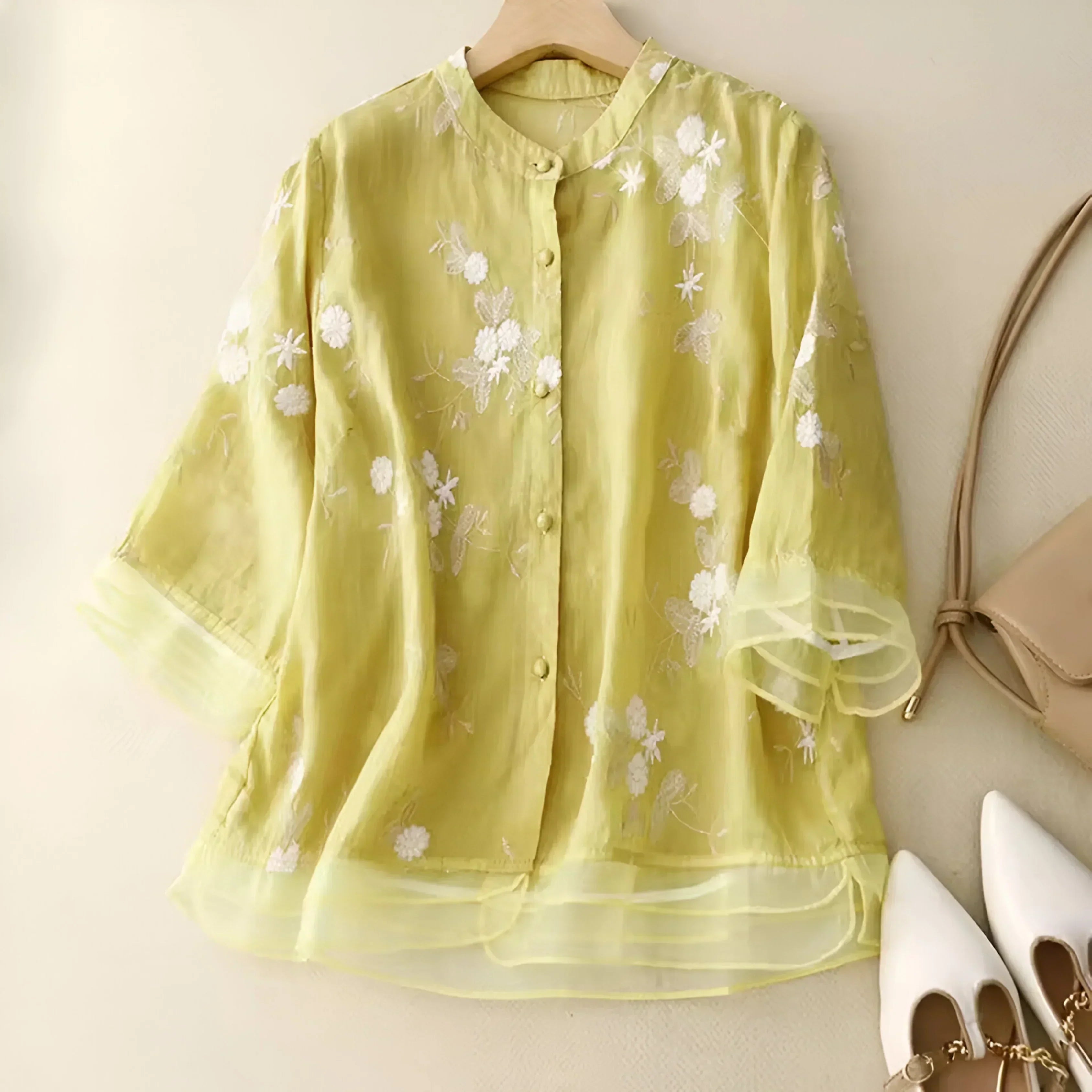 Women's Embroidered Blouse with Button-Down Design