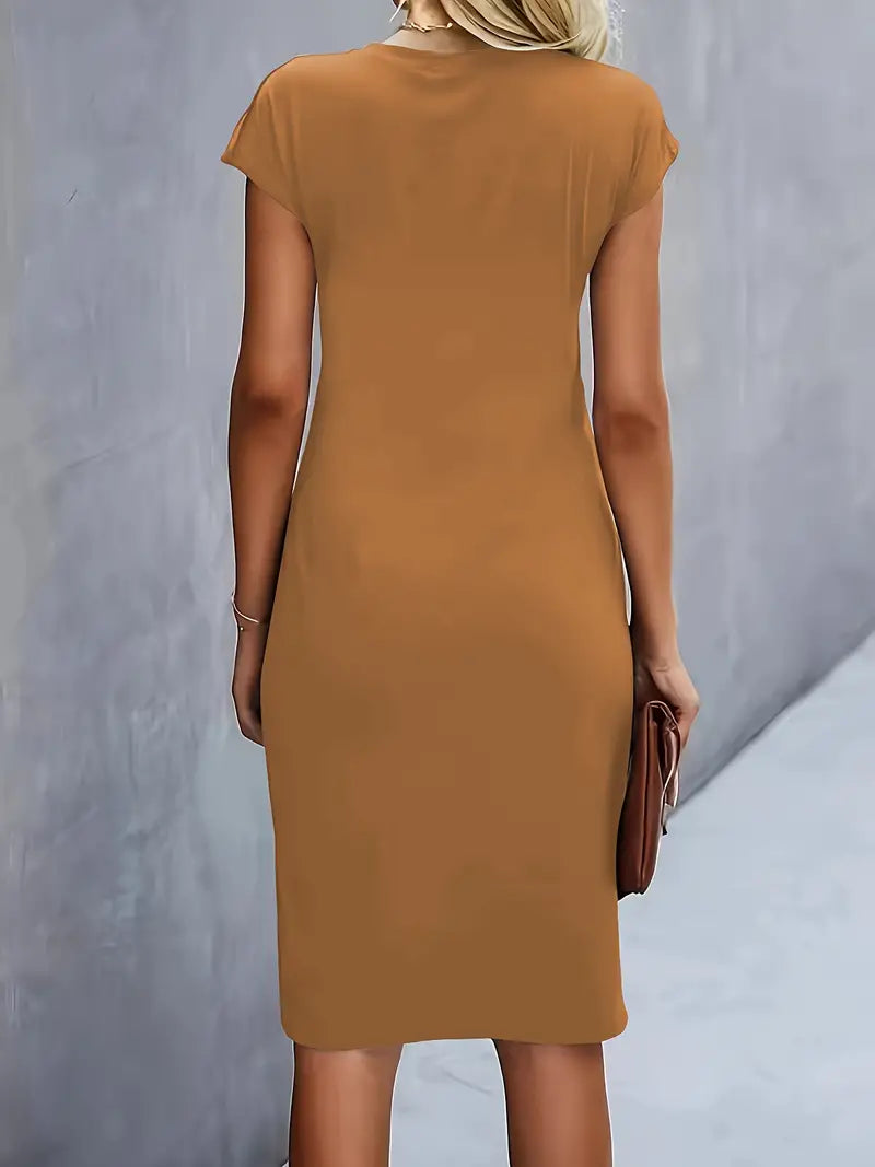 Women's Knee-Length Sheath Dress with Ruched Waist and Cap Sleeves