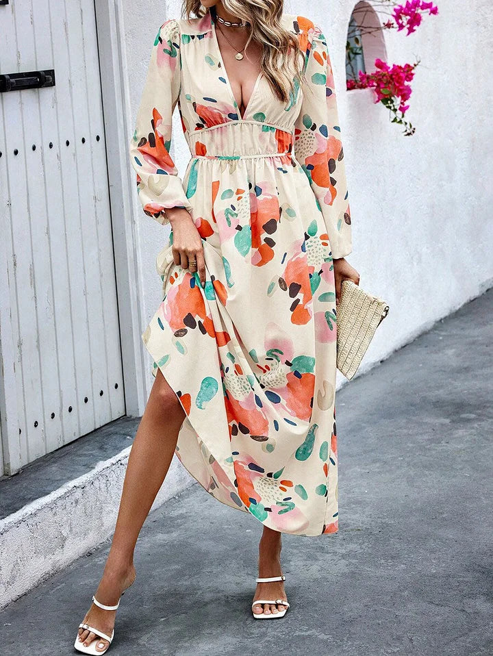 Women's Long Sleeve V-Neck Maxi Dress with Cinched Waist and Print