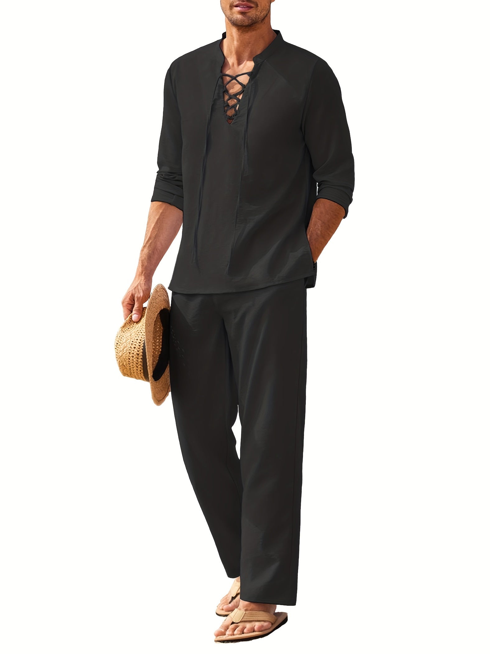 Men's Lace Up Long Sleeve Shirt and Relaxed Pants Two Piece Set