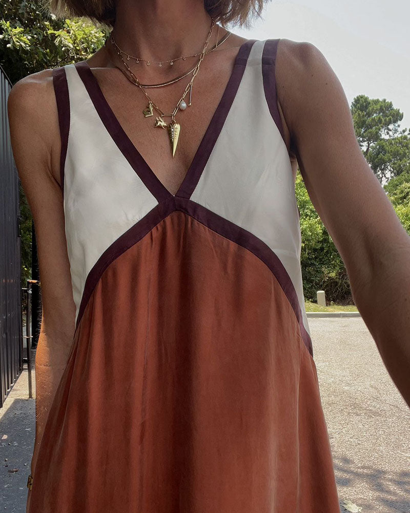 Women’s Sleeveless Contrast V Neck Flowy Maxi Dress