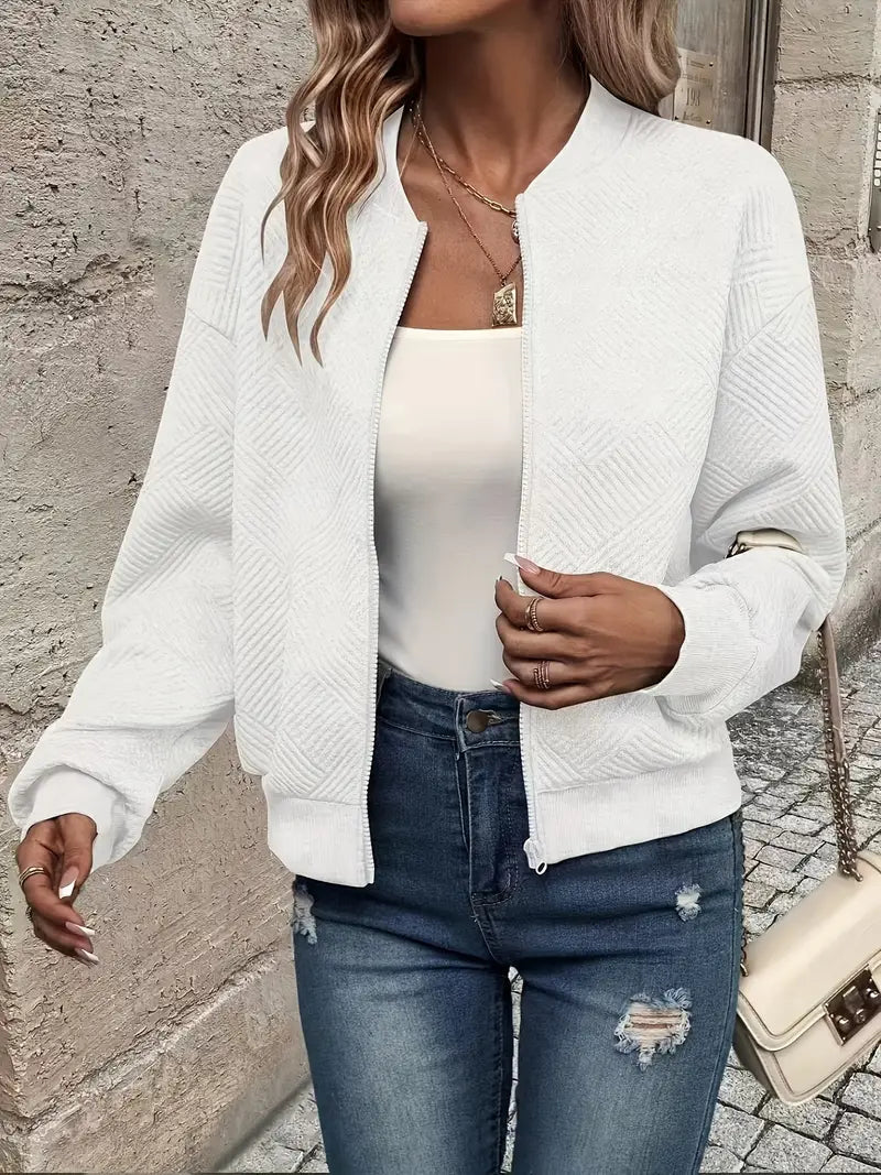 Women’s Zip-Up Textured Cardigan with Ribbed Hem and Long Sleeves
