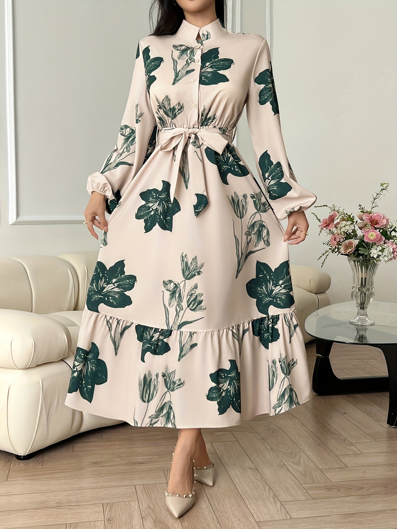 Women's Elegant Floral Maxi Dress with Belted Waist and Long Sleeves