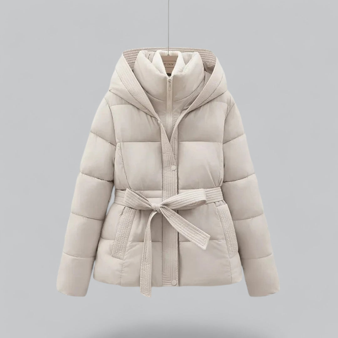 Women's Belted Hooded Puffer Jacket with Quilted Warm Padding