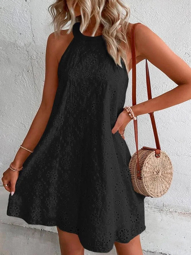 Women's Sleeveless A-Line Short Dress with Floral Eyelet Design