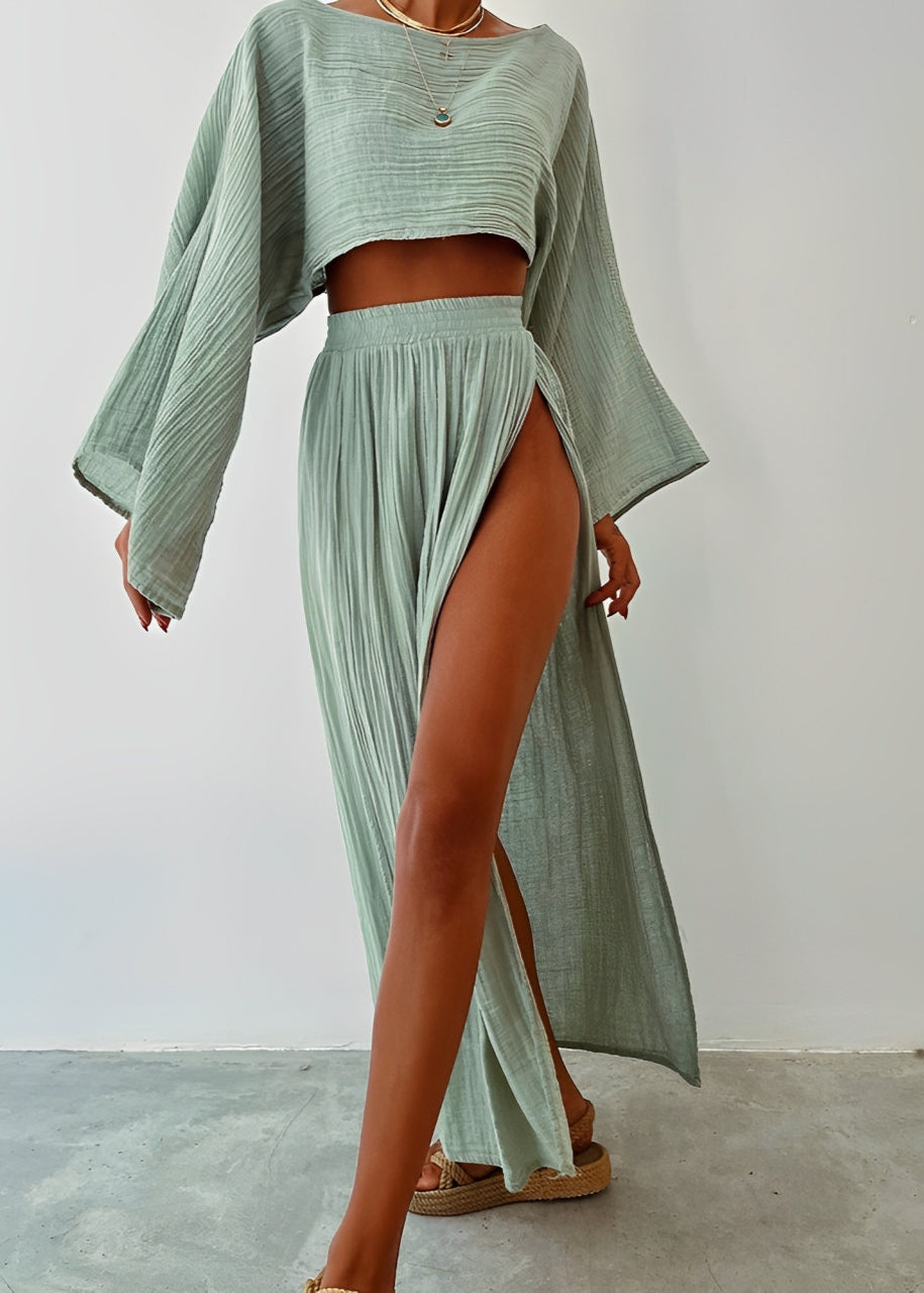 Women's Two-Piece Maxi Skirt Set with Slit and Flowy Crop Top
