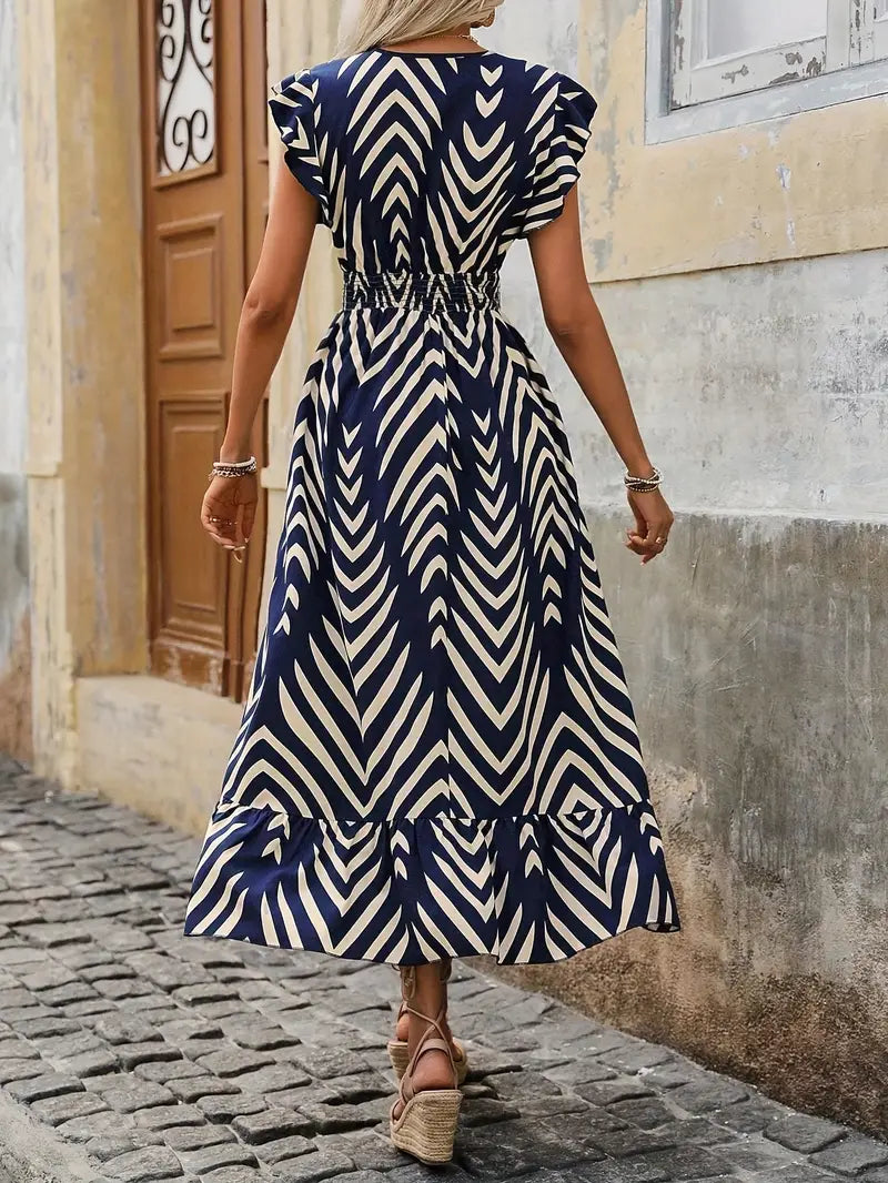 Women's Maxi Dress with Chevron Print and V-Neck