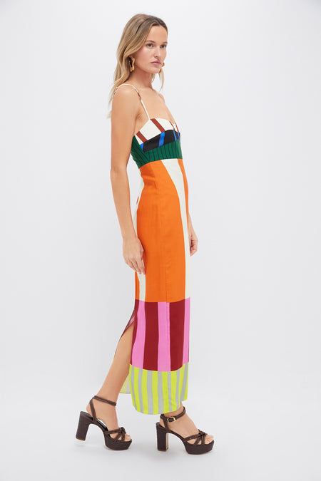 Women's Striped Spaghetti Strap Maxi Dress with Colorblock Design