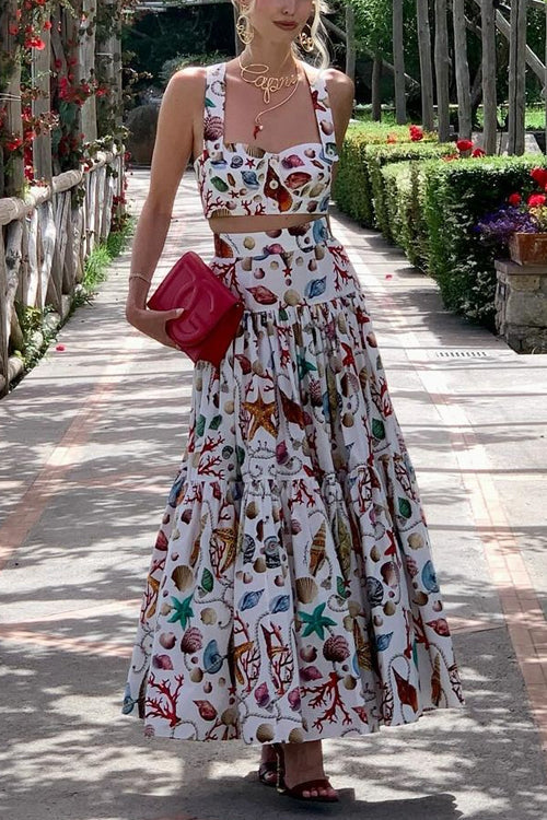 Women's Two-Piece Summer Outfit Set with Printed Crop Top and Skirt