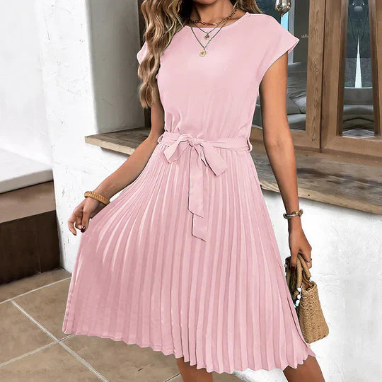 Women's Cap Sleeve Pleated Midi Dress with Waist Tie