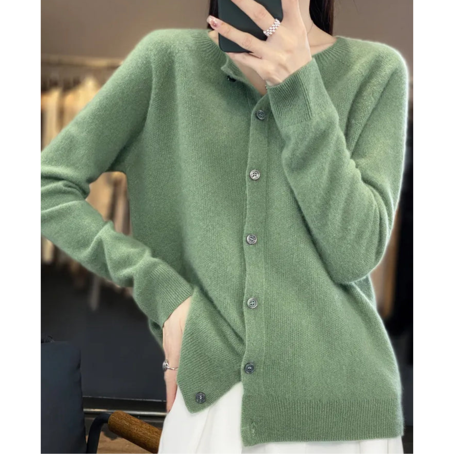 Women's Soft Knit Cardigan with Round Neck and Button Closure