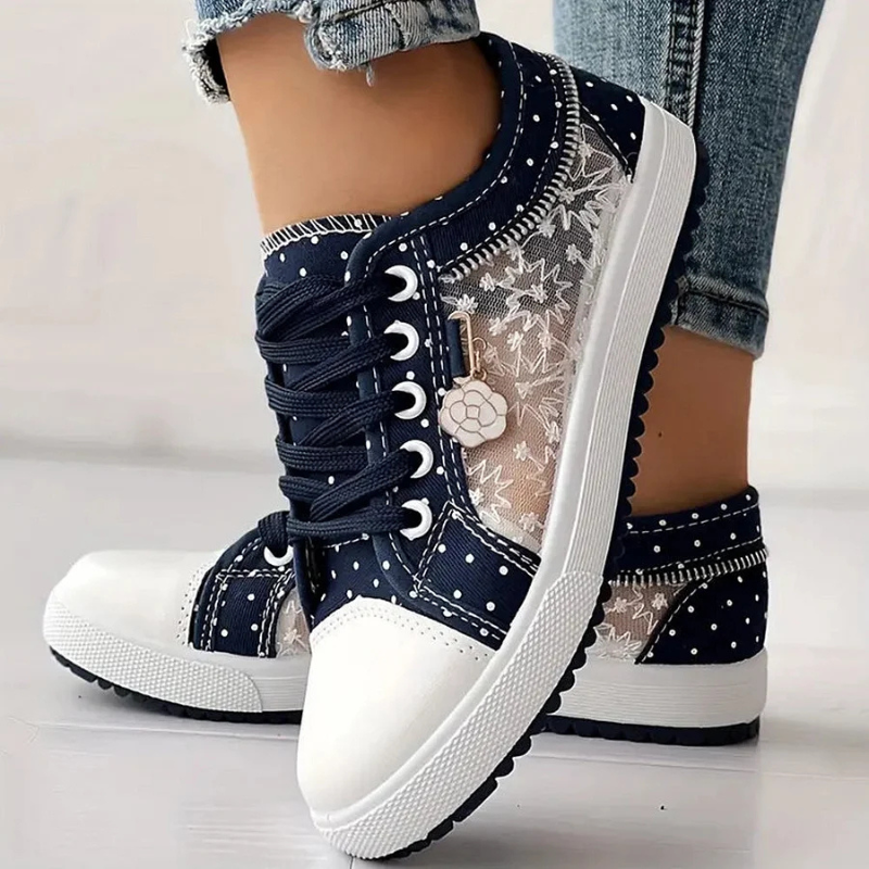 Women's Casual Sneakers with Lace Mesh and Polka Dot Design