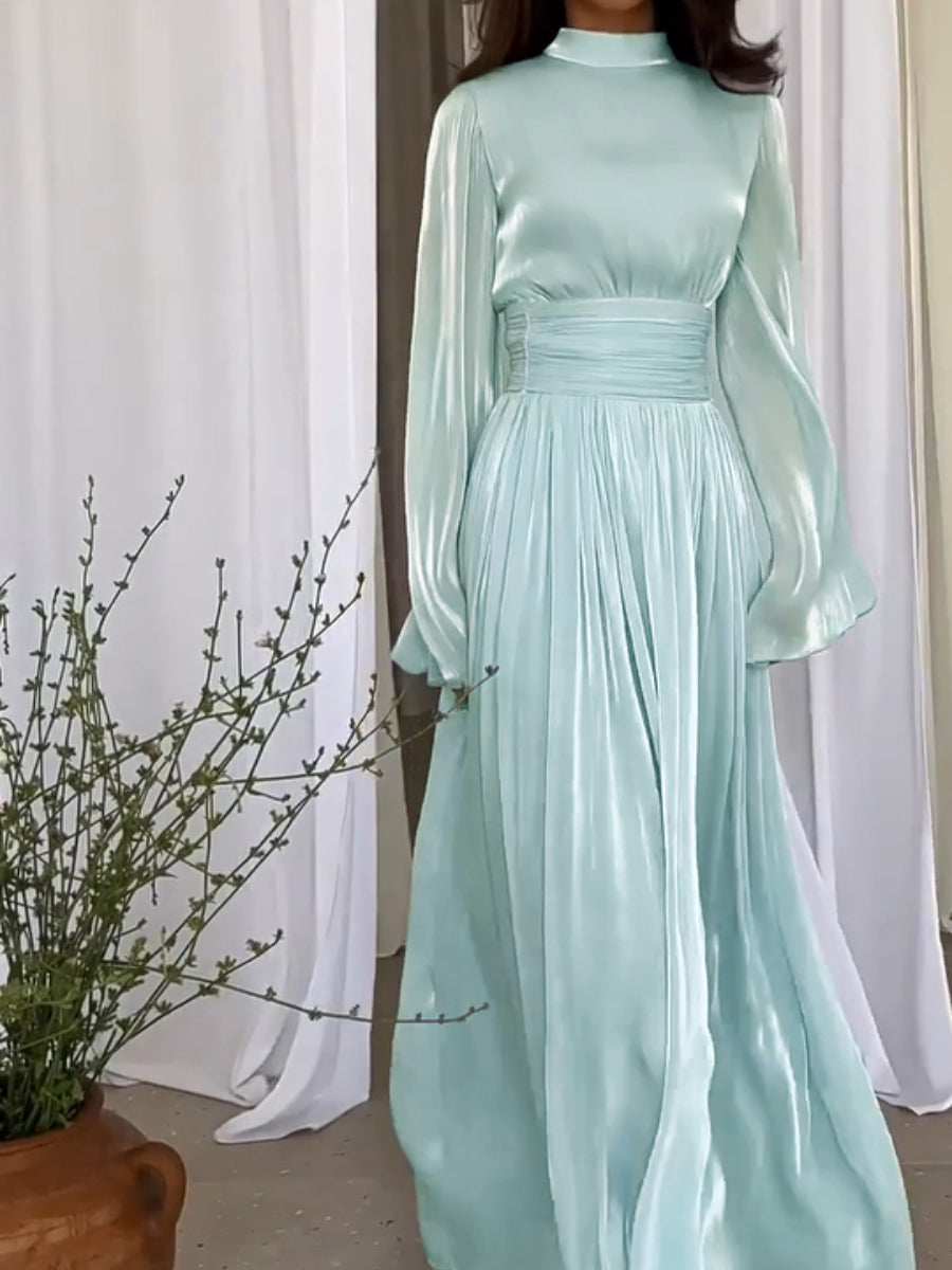Women's Long Sleeve Maxi Dress with Waistband and High Neckline