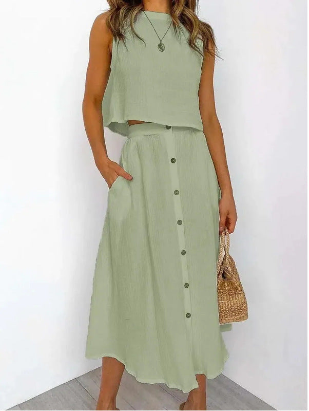 Women’s Two-Piece Button Skirt Set with Sleeveless Top and Pockets